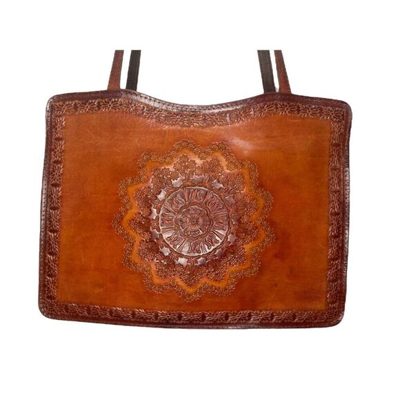 Vintage Brown Leather Tote Shoulder Bag 3D Design Zip Closure - Picture 2 of 8